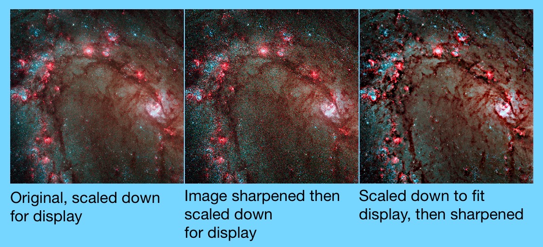 Compare original, sharpened without pre-scaling, sharpened after pre-scaled