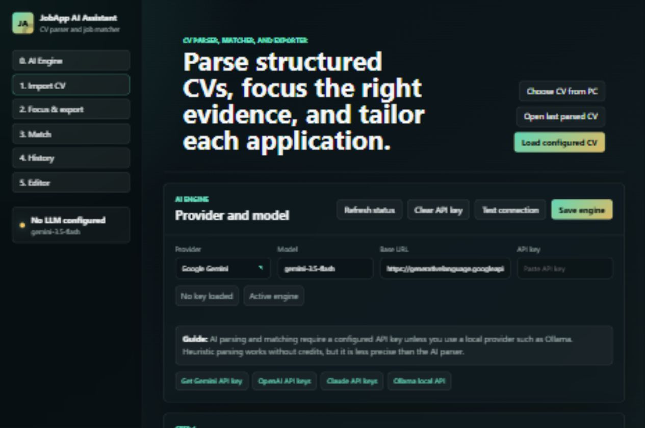 Screenshot of the JobApp AI Assistant local interface showing CV import, AI engine settings, and application workflow.