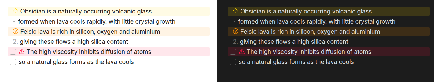 Six list items with the setting on: a star callout above a plain bullet item, a question-mark callout above a plain numbered item, and a warning callout keeping its checkbox above a plain task, shown in light and dark mode
