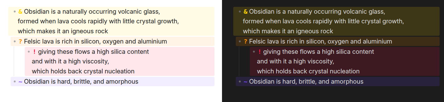 Three list items, two of them running onto further lines and one of those nested, each painted as a single band covering all of its lines, shown in light and dark mode