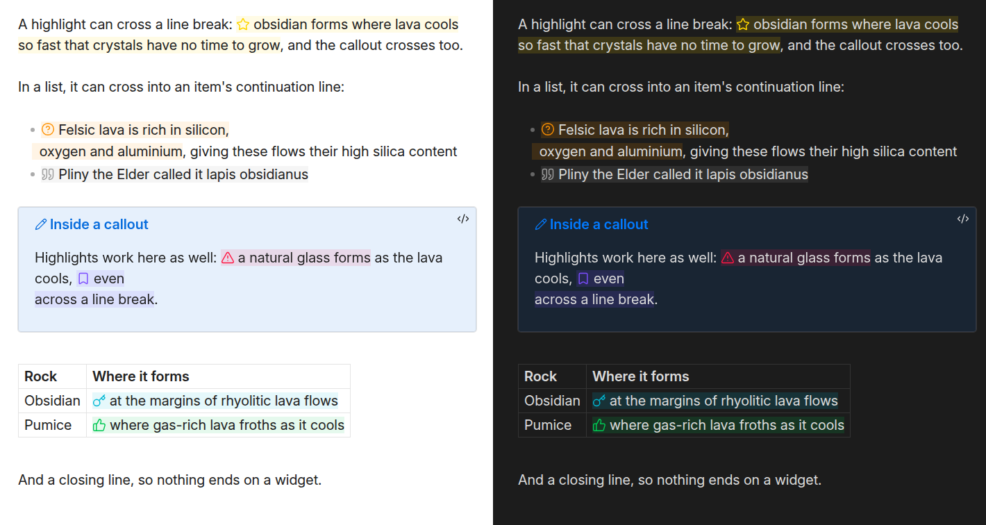 A paragraph, a list, a callout block and a table, each holding highlights in different callout colors, two of them running across a line break, shown in light and dark mode