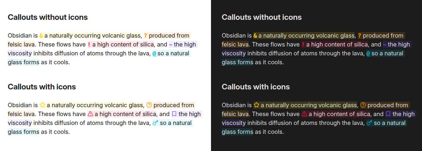 A paragraph with several inline highlights, each in a different callout color, rendered twice: led by the callout characters above, and by the callouts' icons below, each shown in light and dark mode