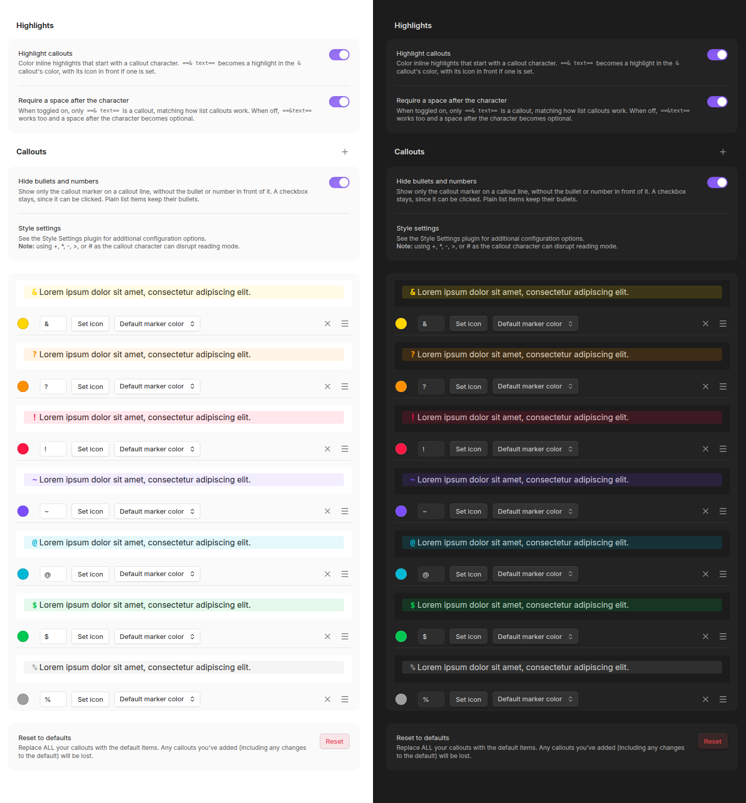 The settings tab with Hide bullets and numbers turned on: every callout's preview line shows its marker in place of the bullet, in light and dark mode