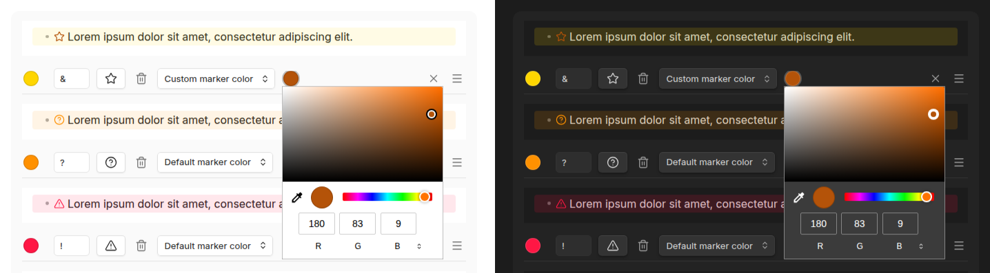 A callout's settings row with the marker color dropdown on "Custom marker color", its preview showing a dark amber star on the callout's yellow background, and the marker color picker open below the second swatch, in light and dark mode