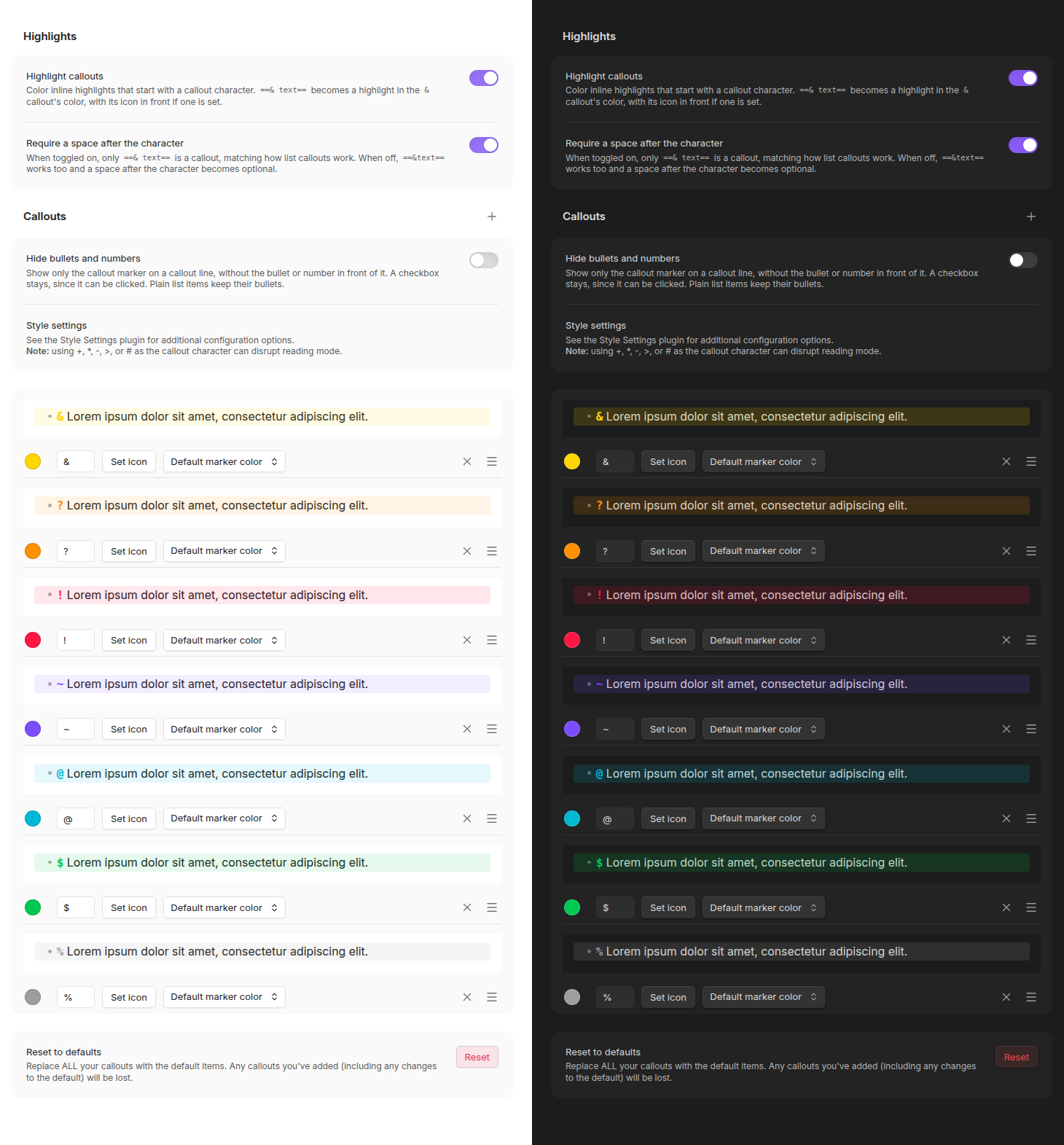 The plugin's settings tab in full: the highlight toggles, then the seven built-in callouts each with a preview, character, icon, color and marker color, and the reset at the bottom, shown in light and dark mode