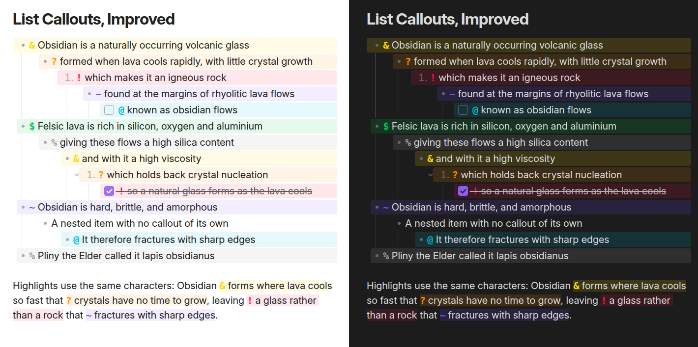 List Callouts Improved screenshot — A note with each built-in callout character applied to a list item, shown in light and dark mode