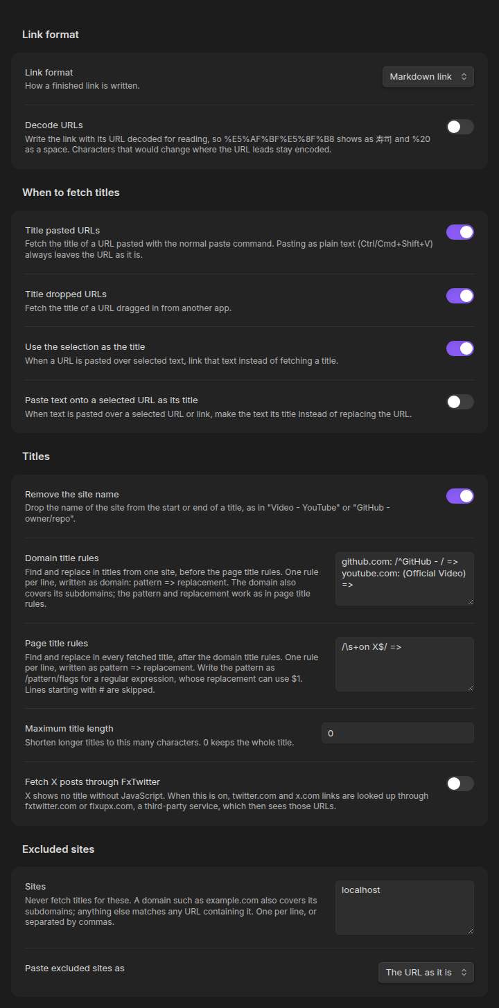 The Named Links settings tab in full, in light and dark mode: when to fetch titles, the title clean-up and length settings, the FxTwitter option, excluded sites, and the link format