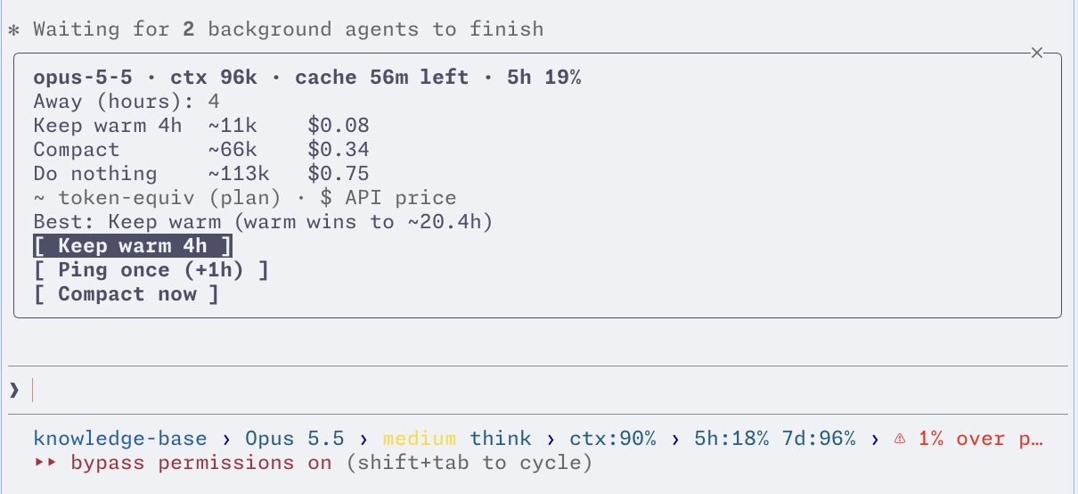 The cache panel: cost comparison, recommendation, and three buttons