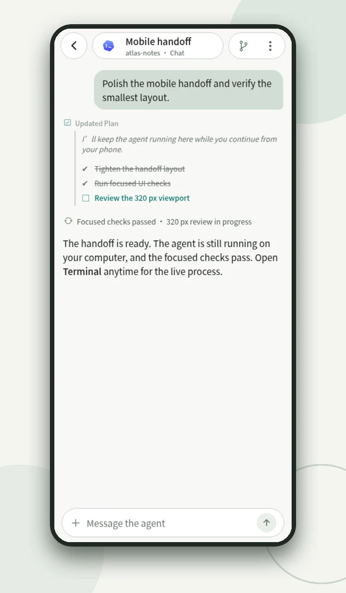 Structured Zen Chat with a fictional agent task, tool progress, and a completed result