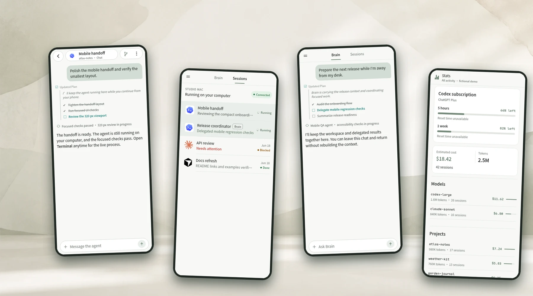 Zen mobile app showing an active structured coding-agent chat, session list, persistent Brain workspace, and usage stats