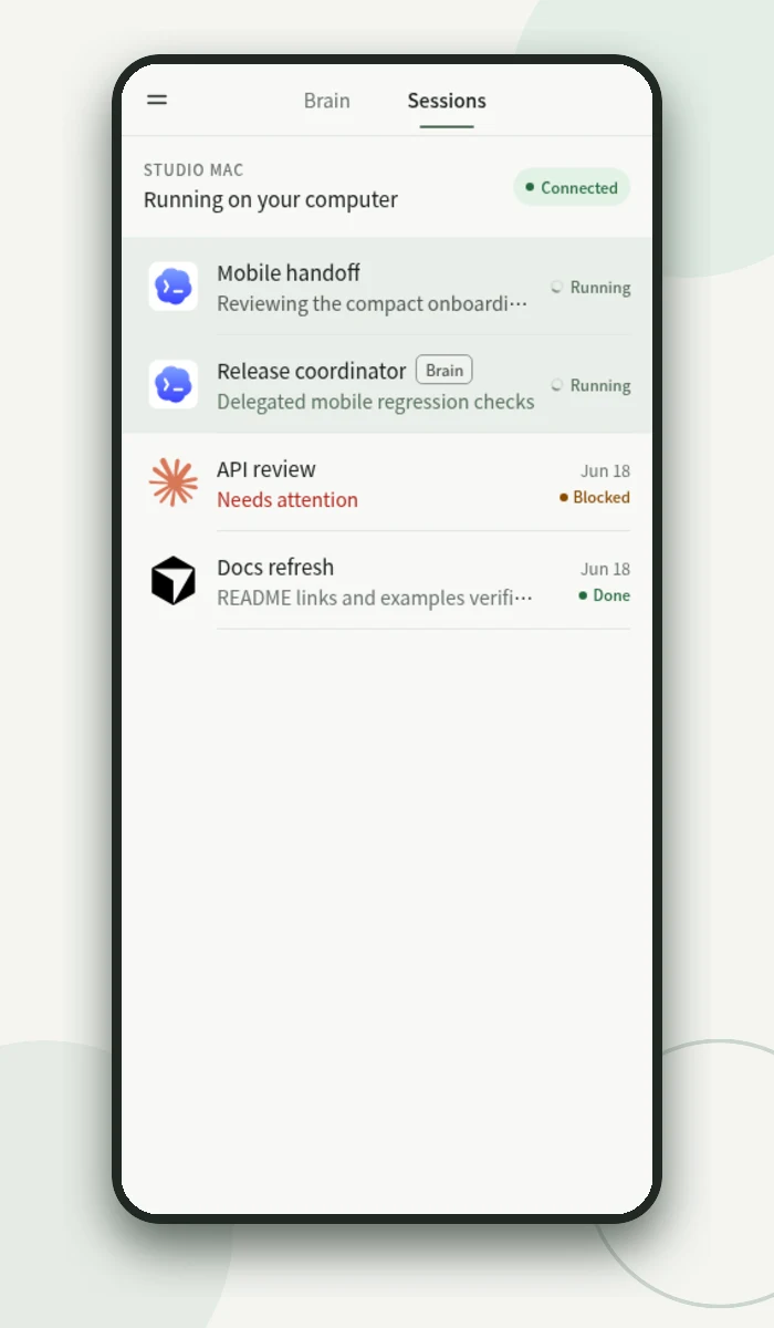 Zen Sessions overview containing only fictional projects and agent activity
