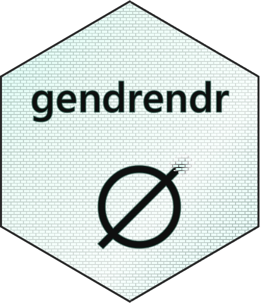 hexagon software logo, black border, very very light mint green background with an overlay of a brick motif with rather small sized rectangular bricks black in color. in the upper middle of the logo is the word gendrendr (spelled that way) in black type lowercase and in the center bottom of the logo is the null sign (an o with a line from bottom left through the top right) with its upper arm breaking out of the bricks.
