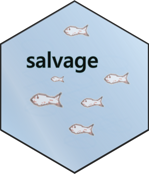 hexagon software logo, with black border and light blue grey with white streak background. in the middle up and off to the left a bit is the word salvage in lowercase black letters. there are six small, outlined fish around the logo, all looking left, with their outline being a reddish brown grey and their inside being white.