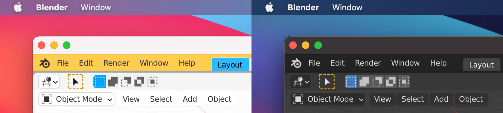 Side-by-side screenshots of Blender on macOS 11, showcasing the “White” Blender theme to match light mode and the “Blender Dark” theme to match dark mode.