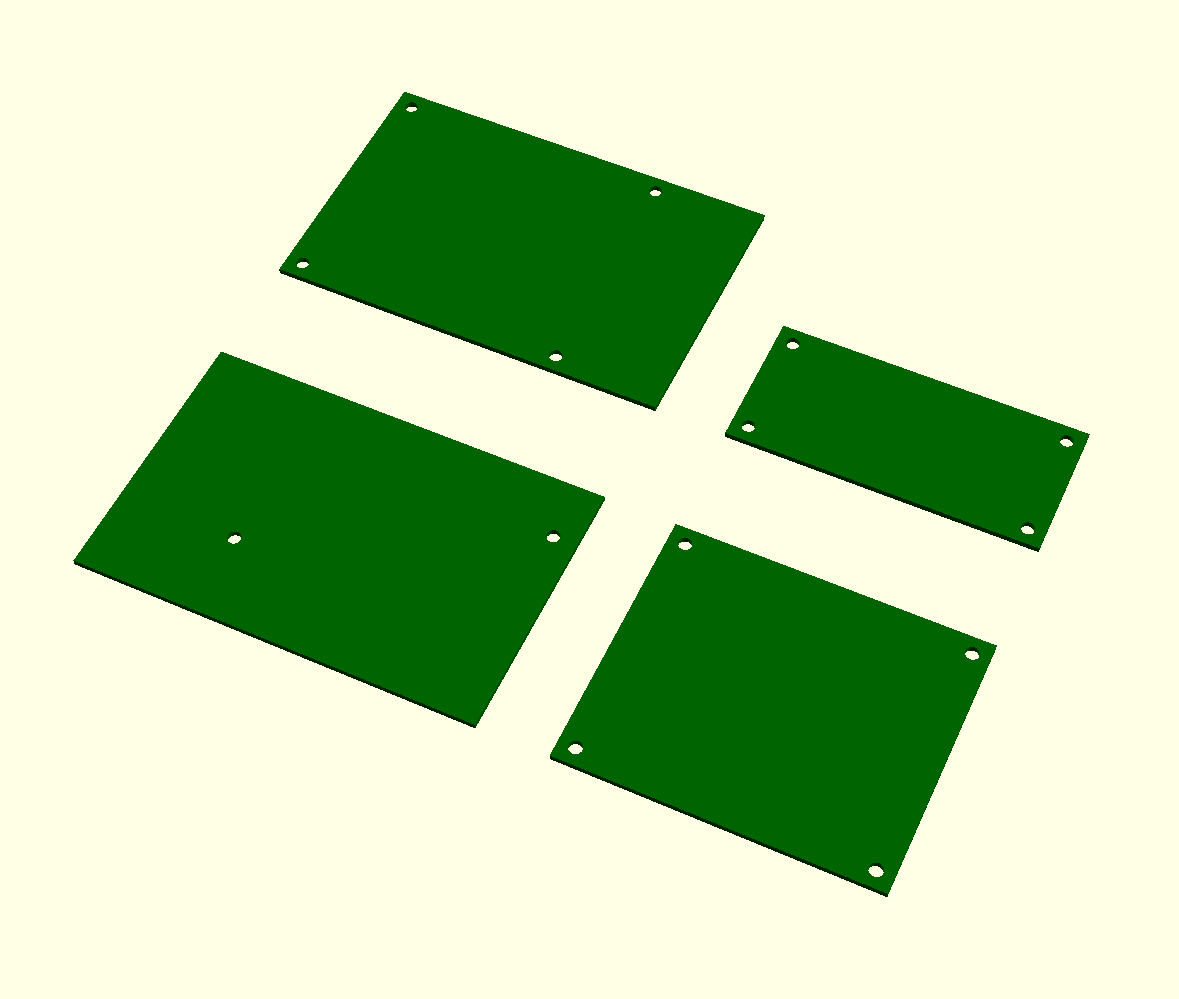 Rendering of four of the Raspberry Pi board shapes supported by PiHoles.scad