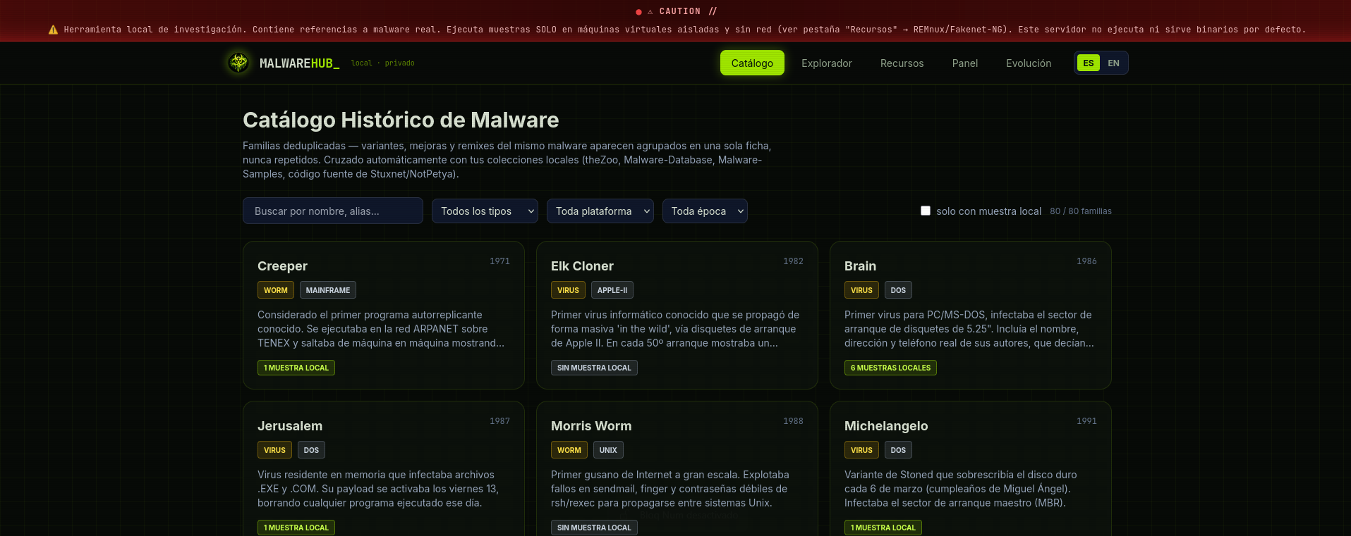 Catálogo histórico de la app Malware Research Hub