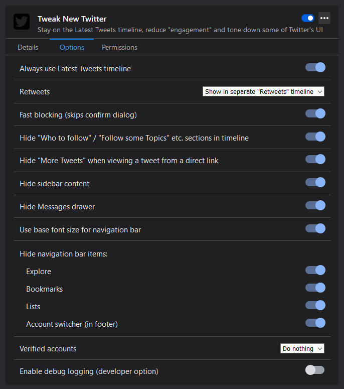 Screenshot of the options UI in Firefox
