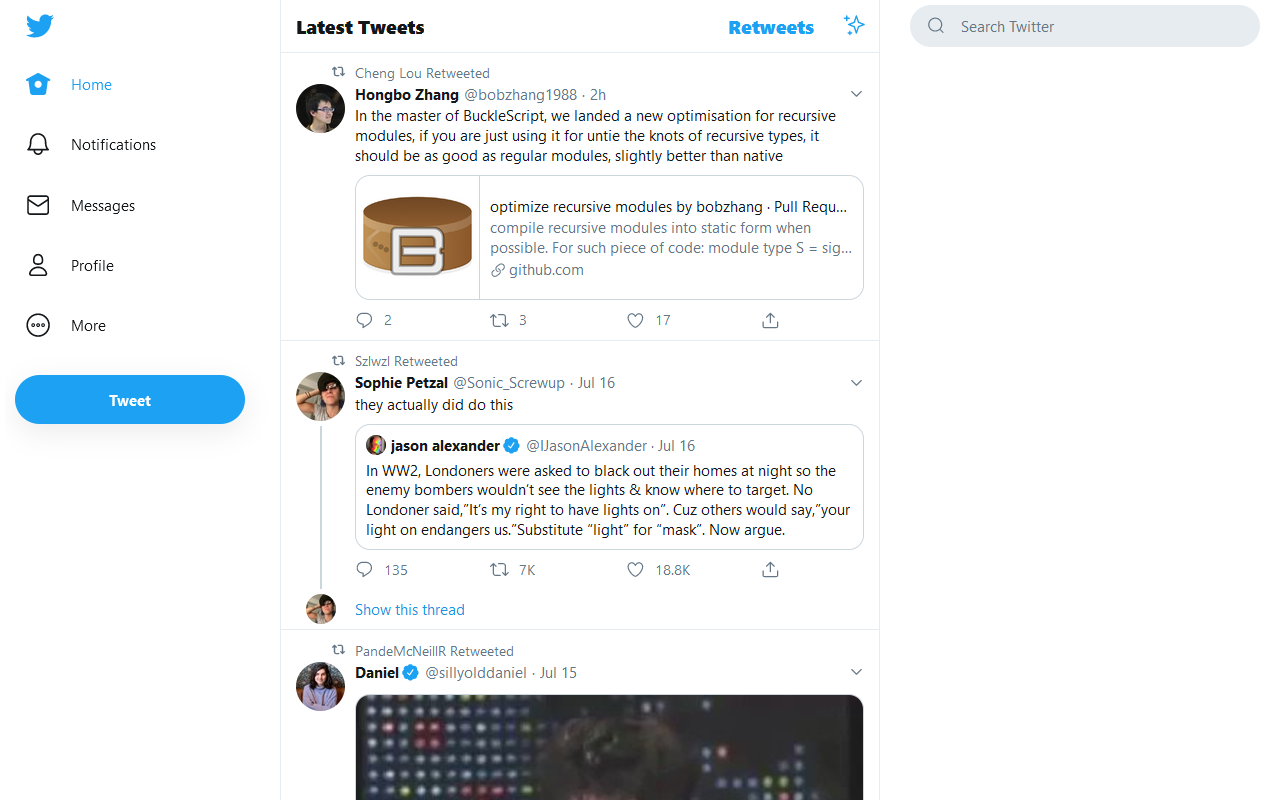Screenshot of the Retweets timeline Tweak New Twitter adds to New Twitter, containing nothing but retweets