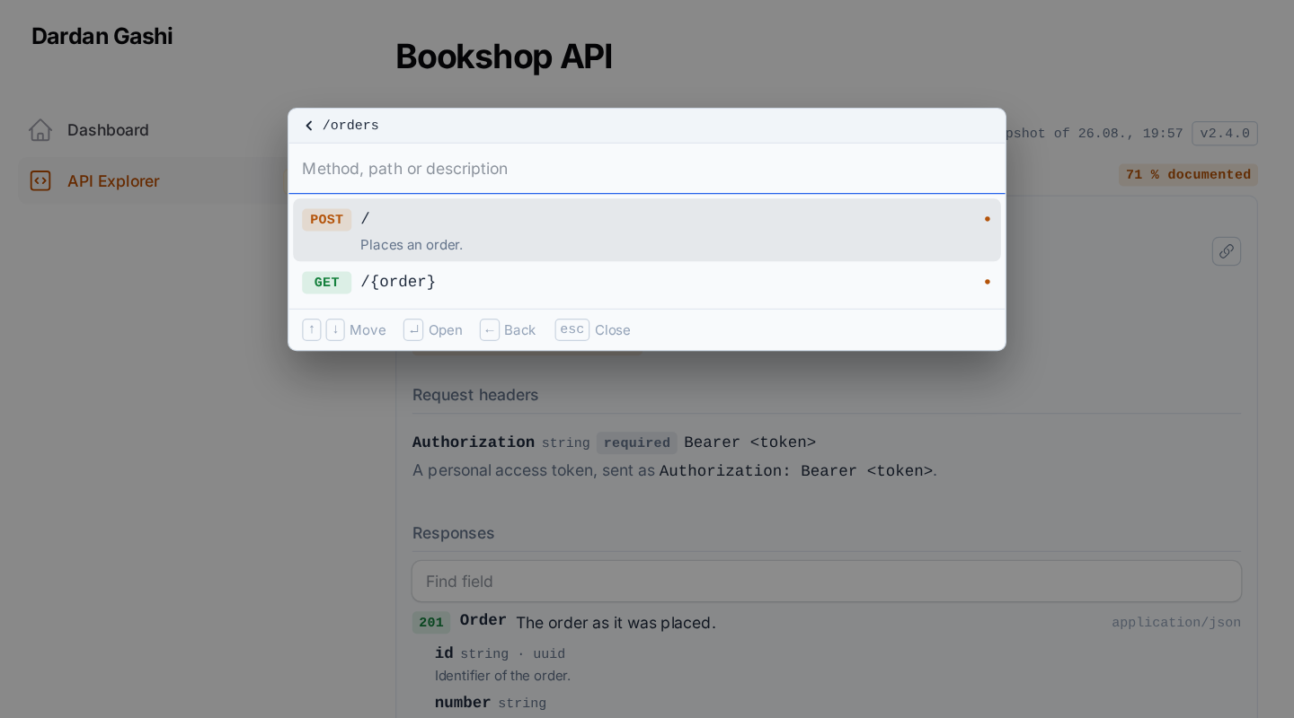 The coverage figure in the page header and the gap filter narrowing the list to undocumented endpoints