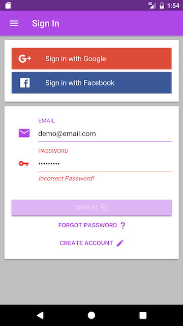 sign in incorrect password