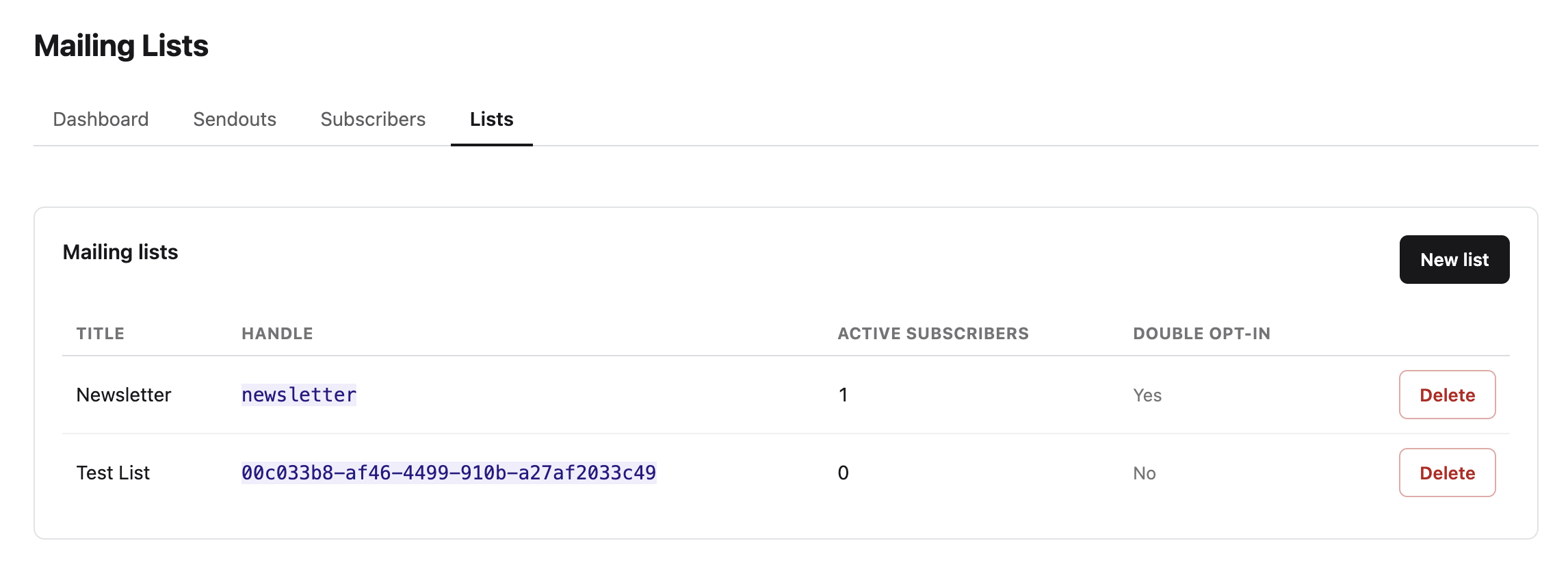The mailing lists screen β active-subscriber counts and double opt-in per list