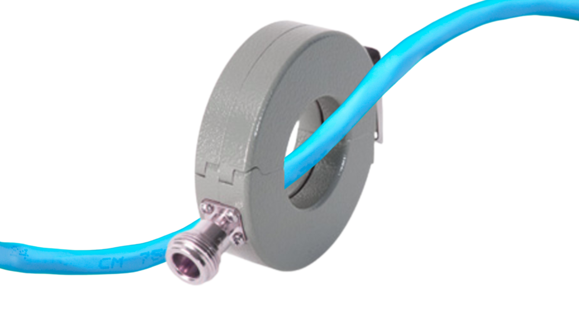 RF current probe fitted around a cable for radiated emissions measurement