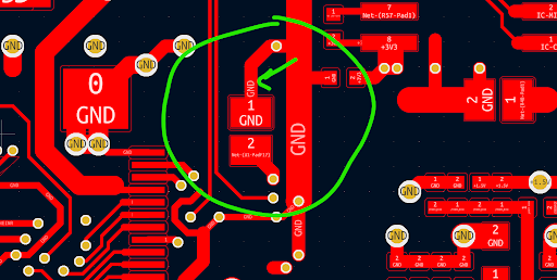 Example of missing vias per each GND pad to reduce inductance