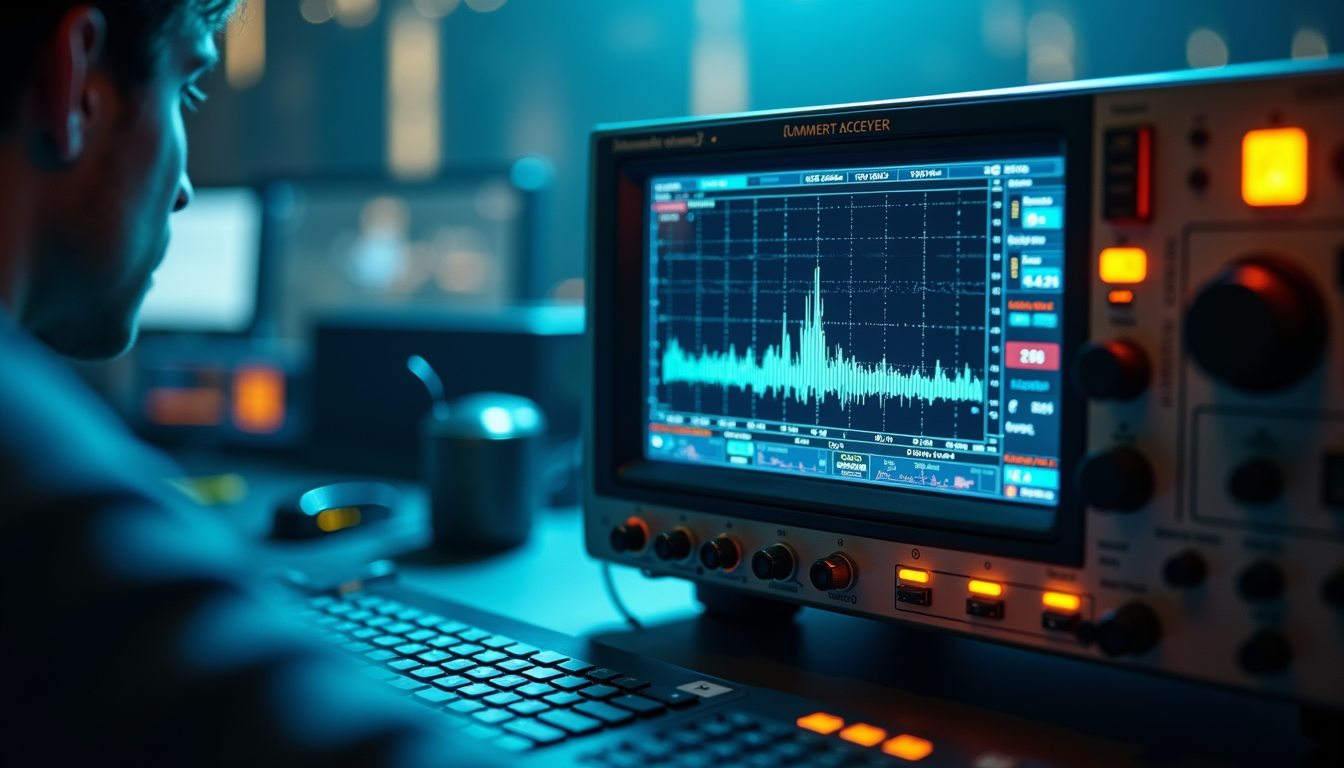 A technician closely monitors a graph on an oscilloscope in a dimly lit lab, analyzing electronic signals for research and diagnostics.