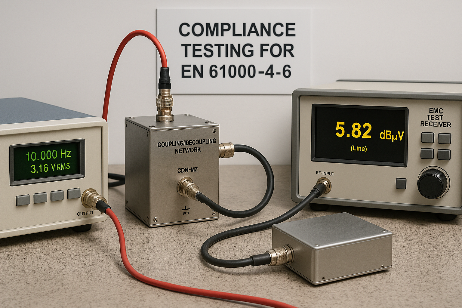 Example of an equipment setup for EMC compliance testing, featuring a coupling/decoupling network and an EMC test receiver, demonstrating signal measurement and testing conditions.