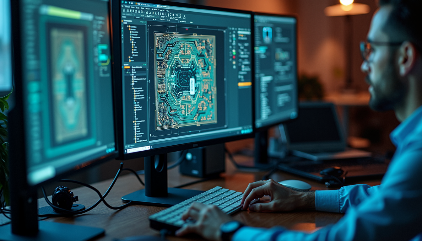 High angle view of a workspace with PCB design software on a computer screen