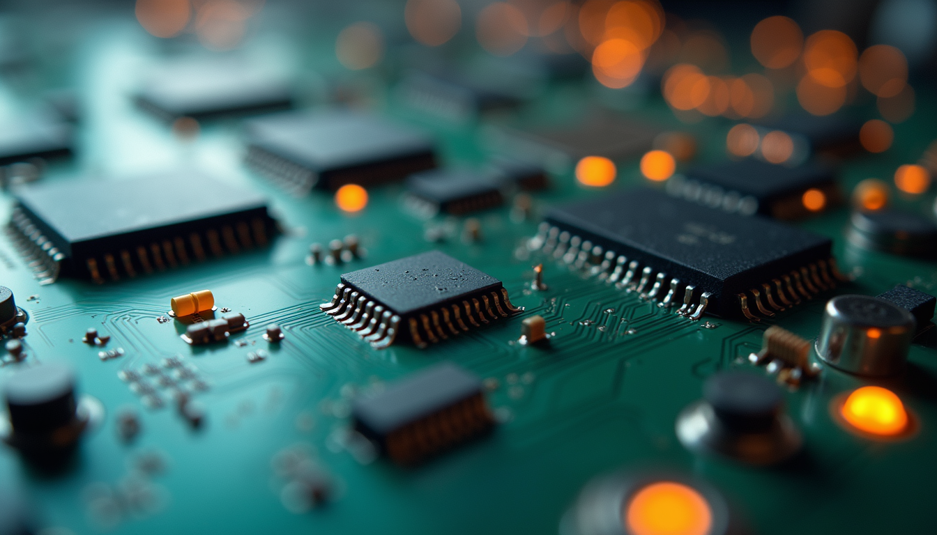 Close-up view of a PCB displaying traces and components