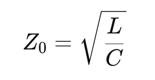Formula for the characteristic impedance of a transmission line, where \( Z_0 \) equals the square root of the inductance per unit length \( L \) divided by the capacitance per unit length \( C \).