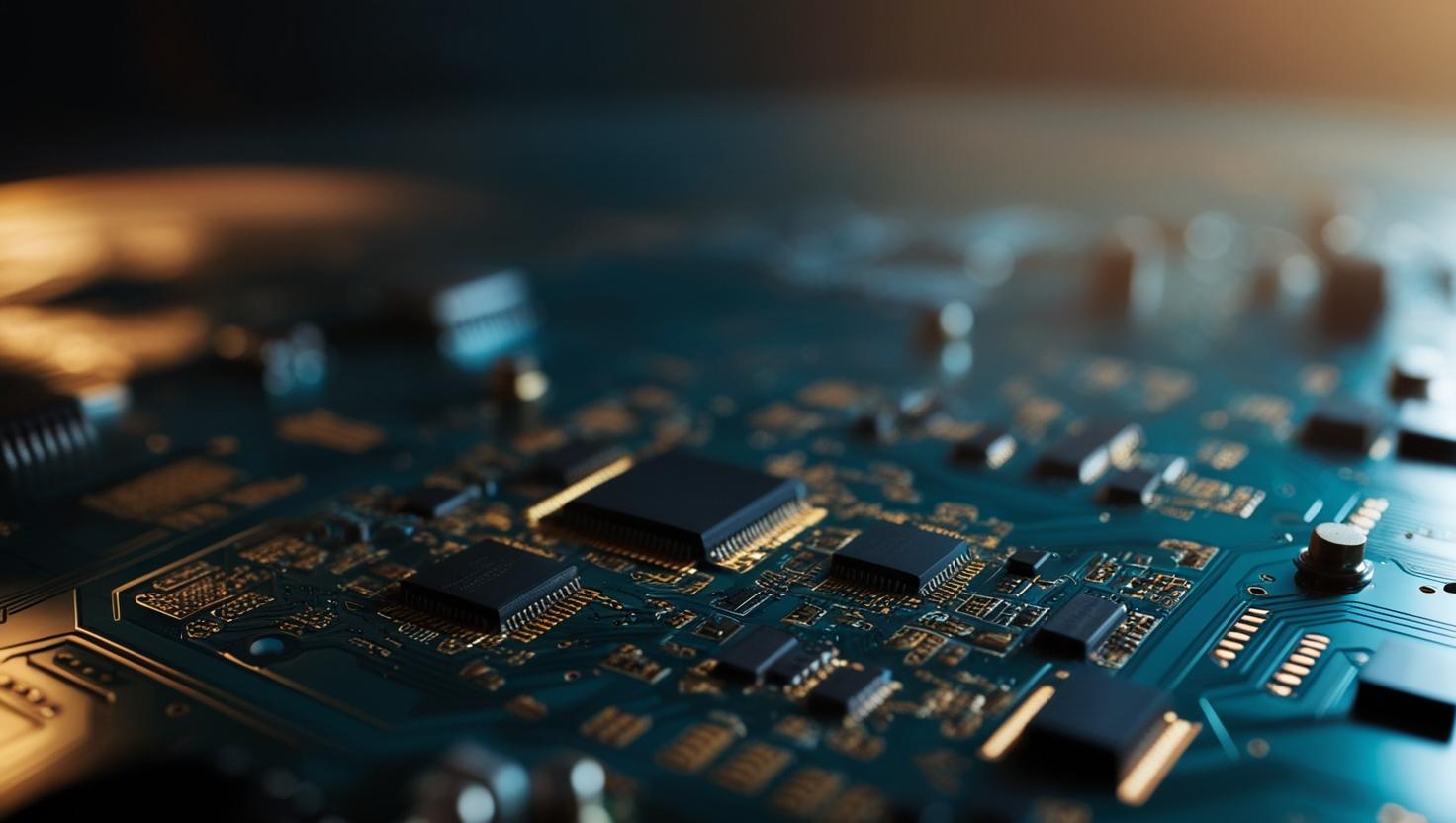 Close-up view of a circuit board, showcasing intricate components and pathways, illuminated by soft, ambient lighting.