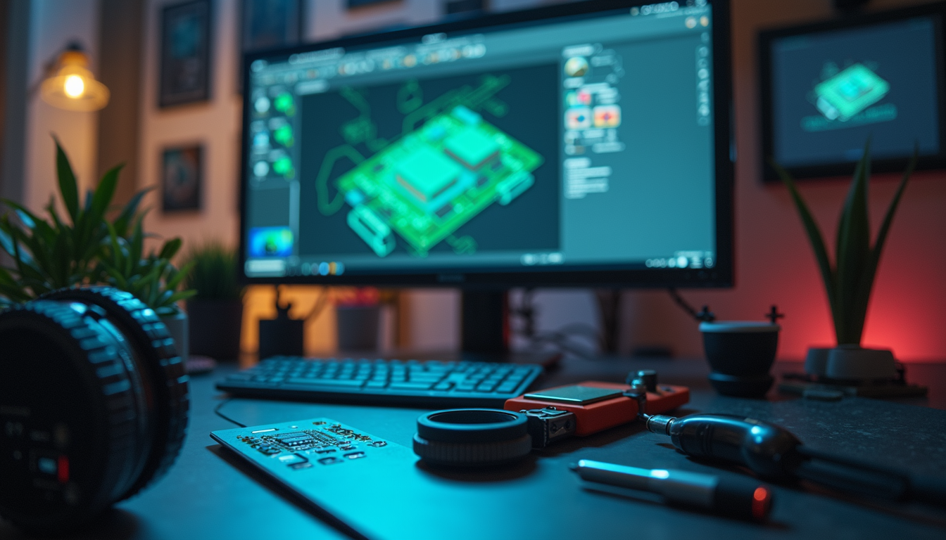 Eye-level view of a workstation showcasing electronic tools and PCB design software