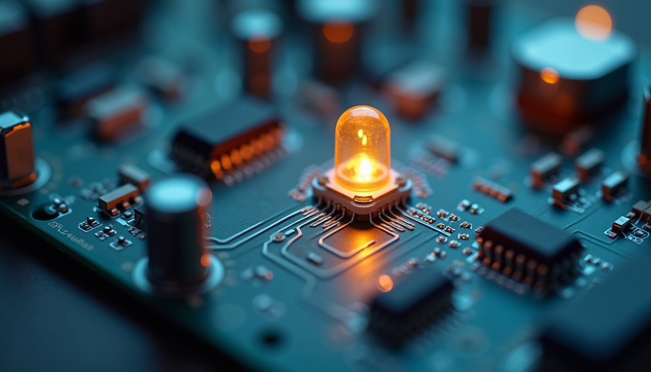 High angle view of a simple LED circuit on a prototype board