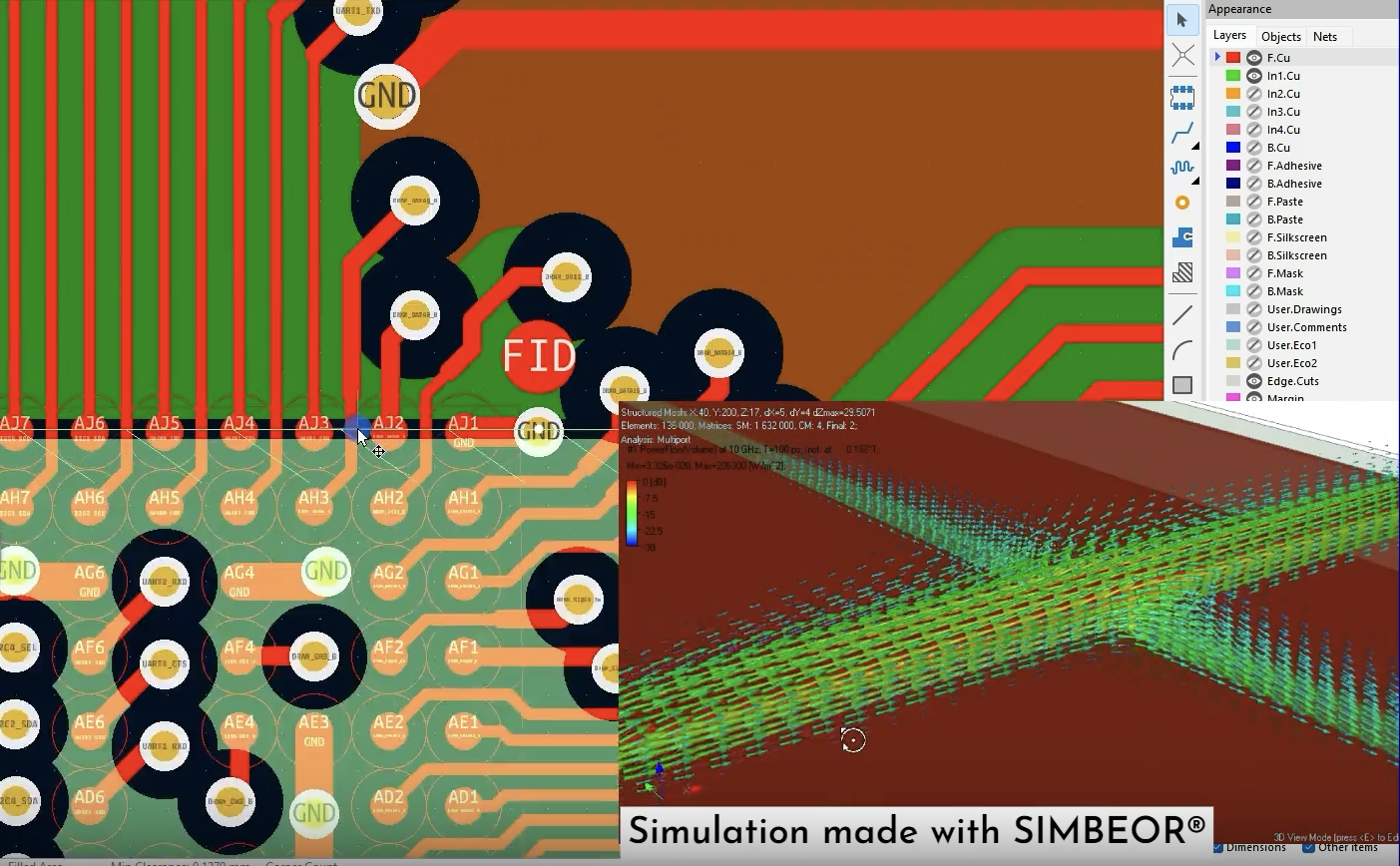 Figure 16 - Signals crossing the split in the plane, and simulation of the behaviour on the right corner.
