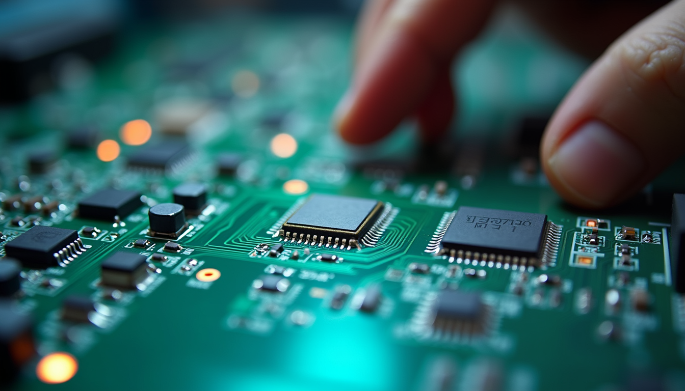 A close-up shot of a printed circuit board, emphasizing the microchips and electronic components.