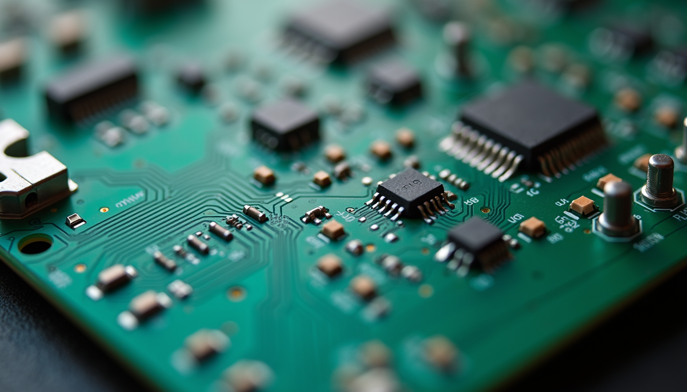 Close-up view of a PCB with signal traces and a split ground plane