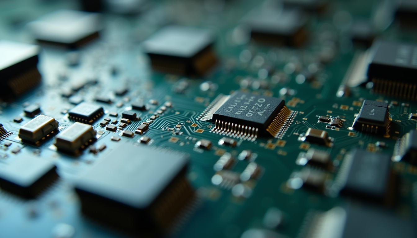 Close-up view of a computer motherboard showcasing intricate circuits and microchips, essential components for modern electronics.