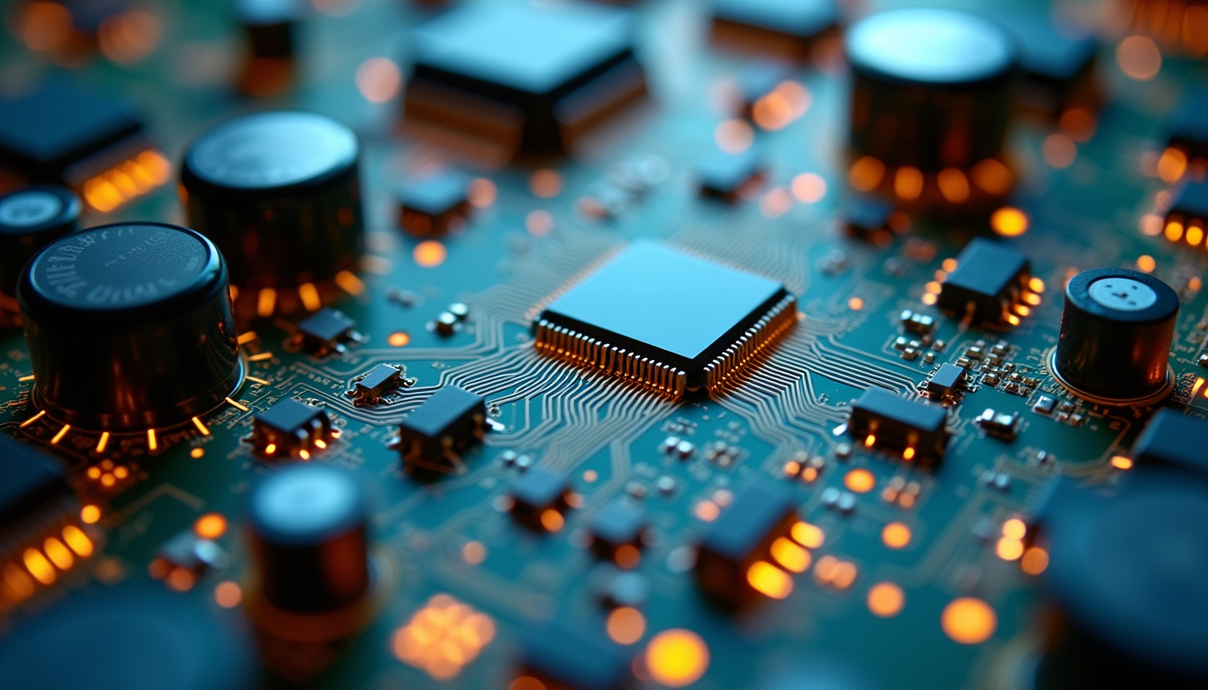 Glowing circuit board with illuminated pathways and microchips, showcasing advanced technology.