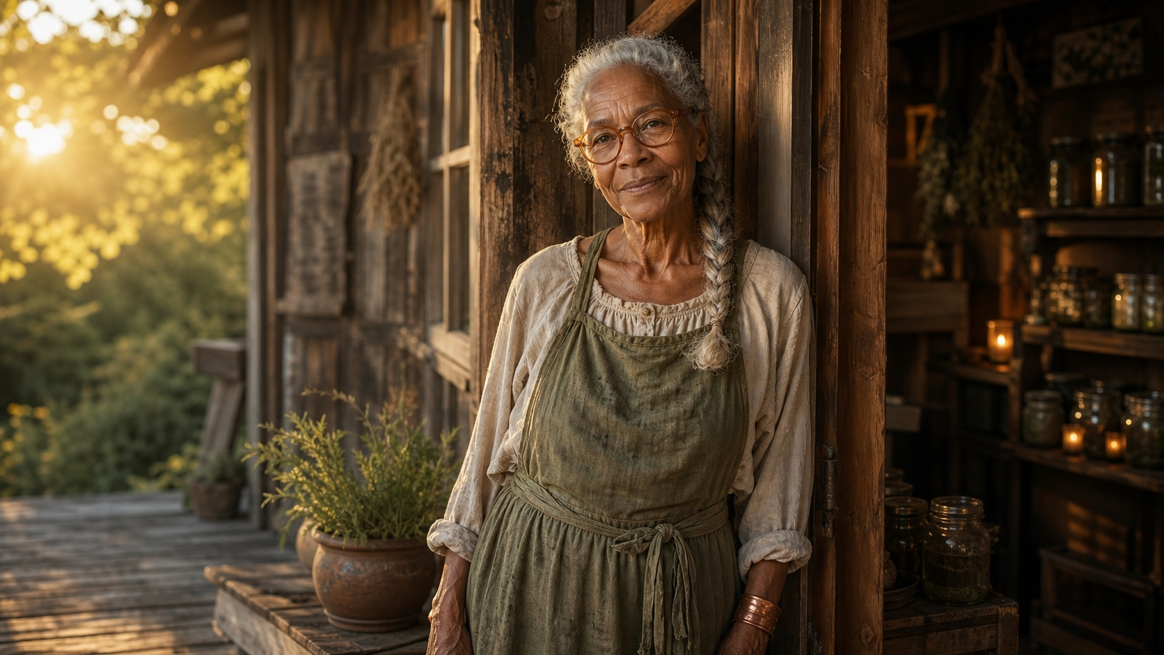 Granny Dovie tending to dried herbs in her mountain home