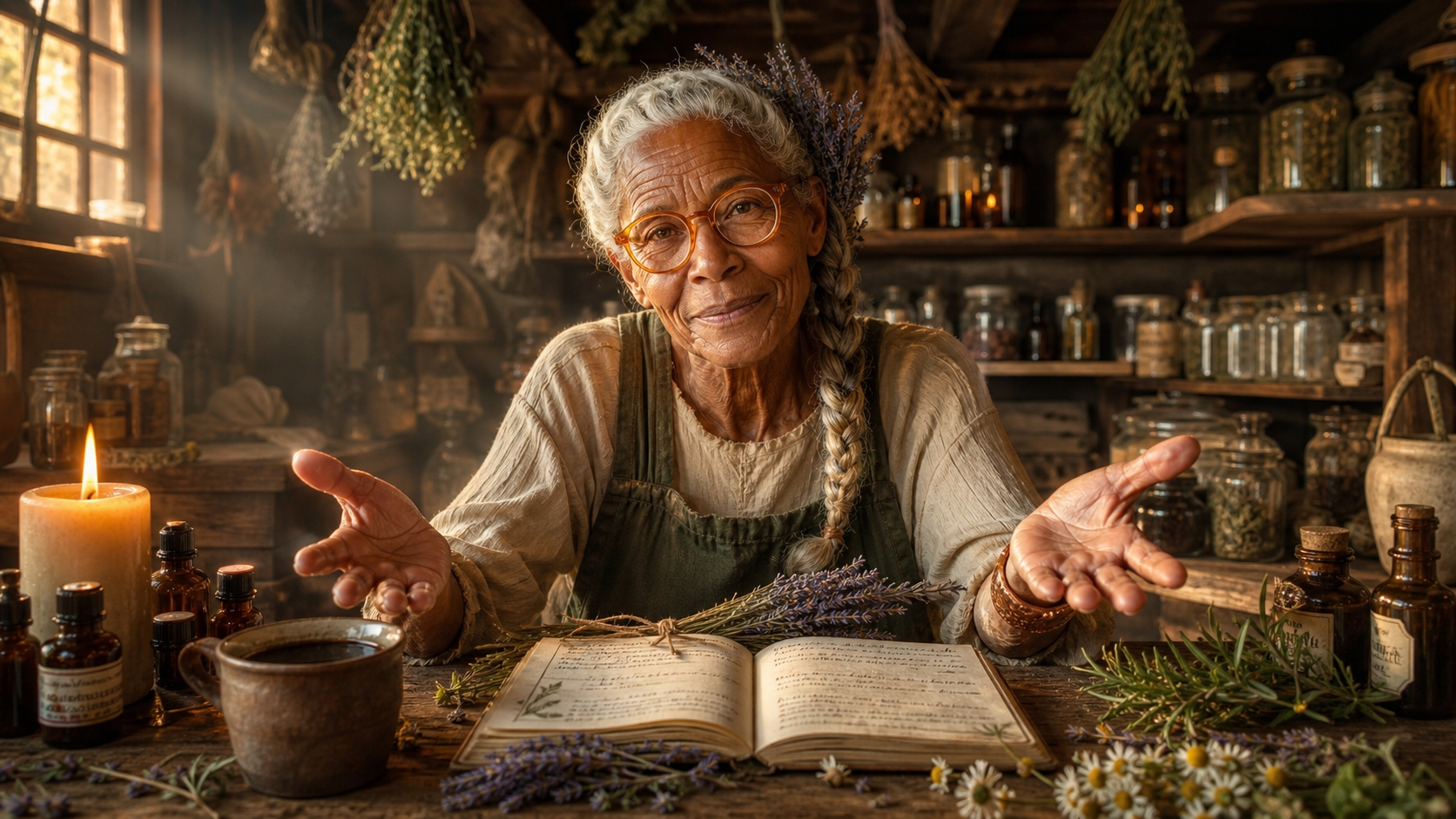 Granny Dovie's handwritten book of herbal remedies on a wooden table
