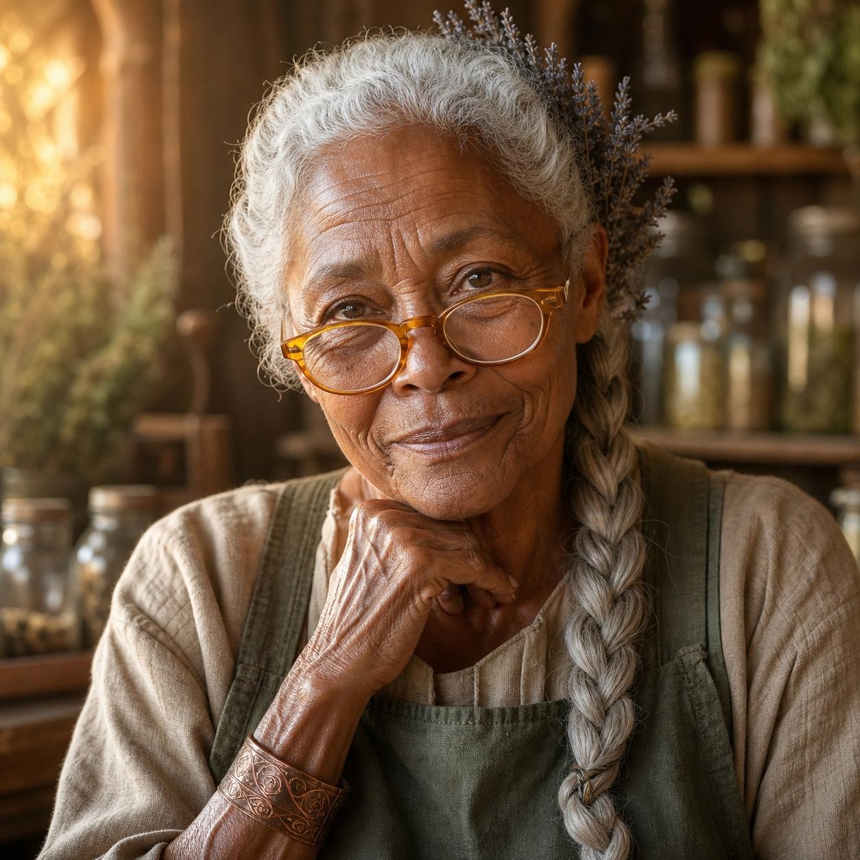 Granny Dovie, an Appalachian folk healer, smiling warmly