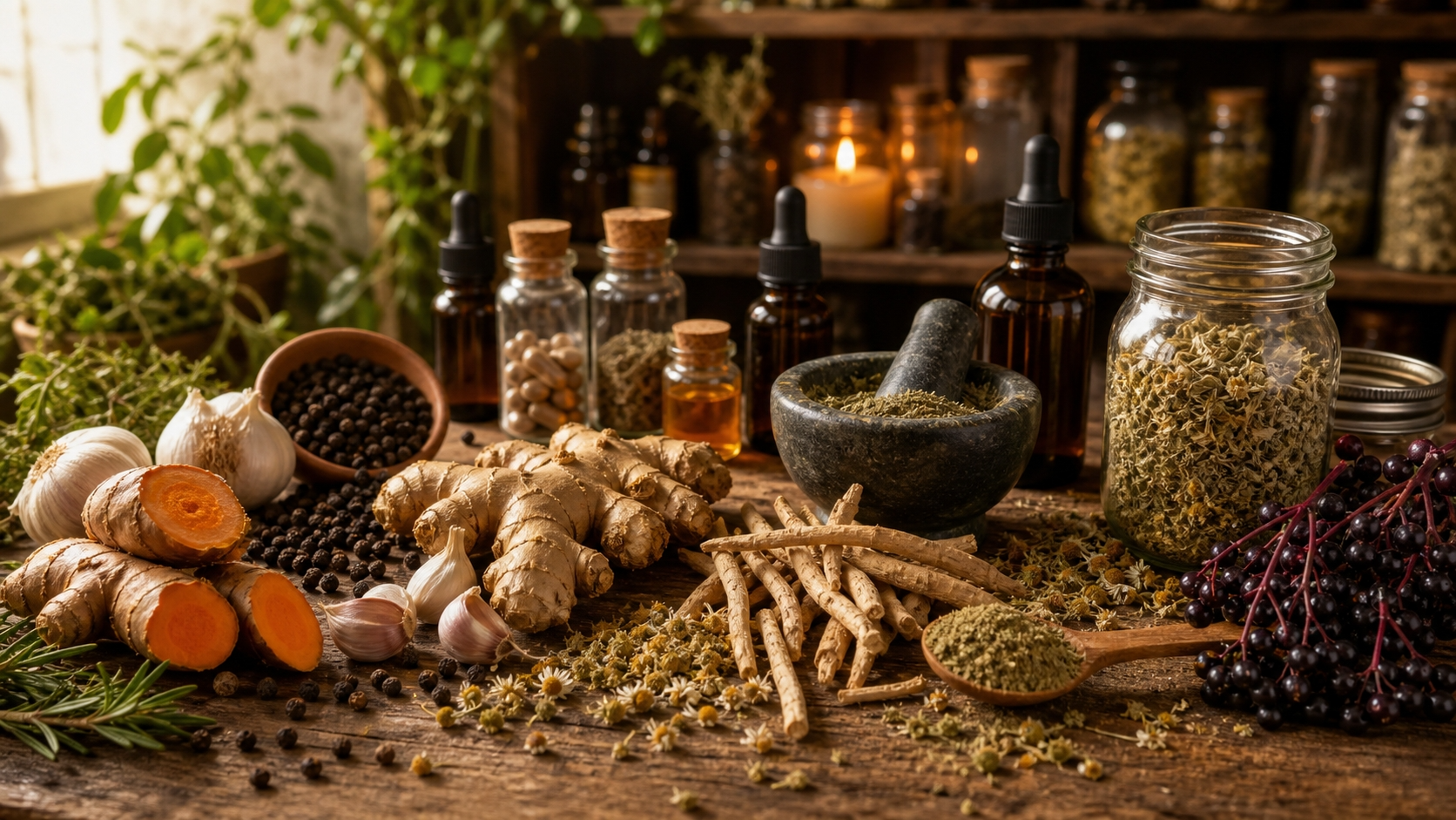 Jars of herbal supplements and dried botanicals