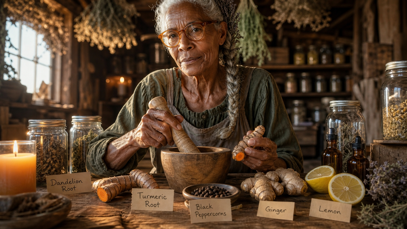 Apothecary shelf of herbal remedies and dried botanicals