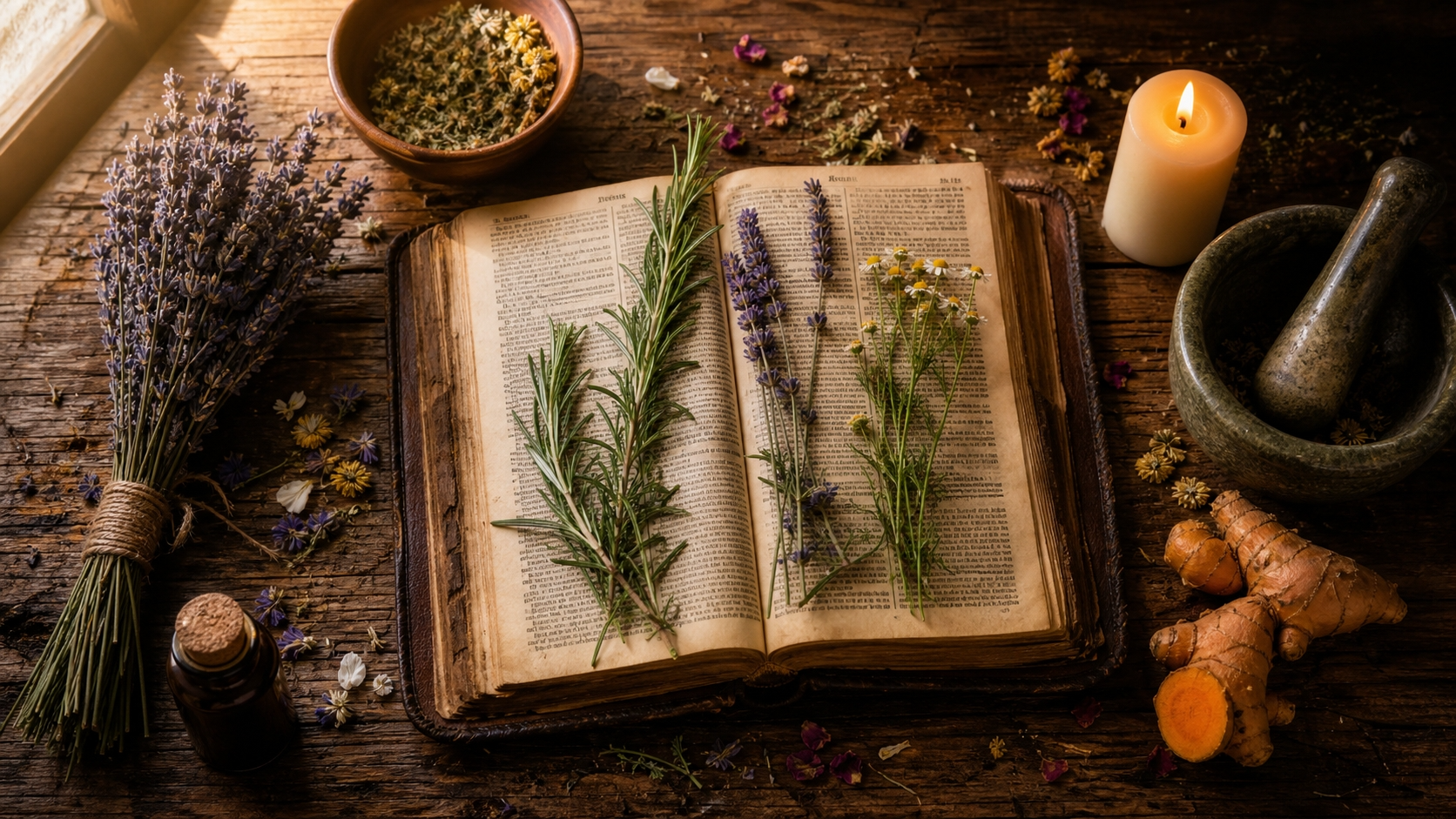 Sunlit grove of healing plants and an open Bible