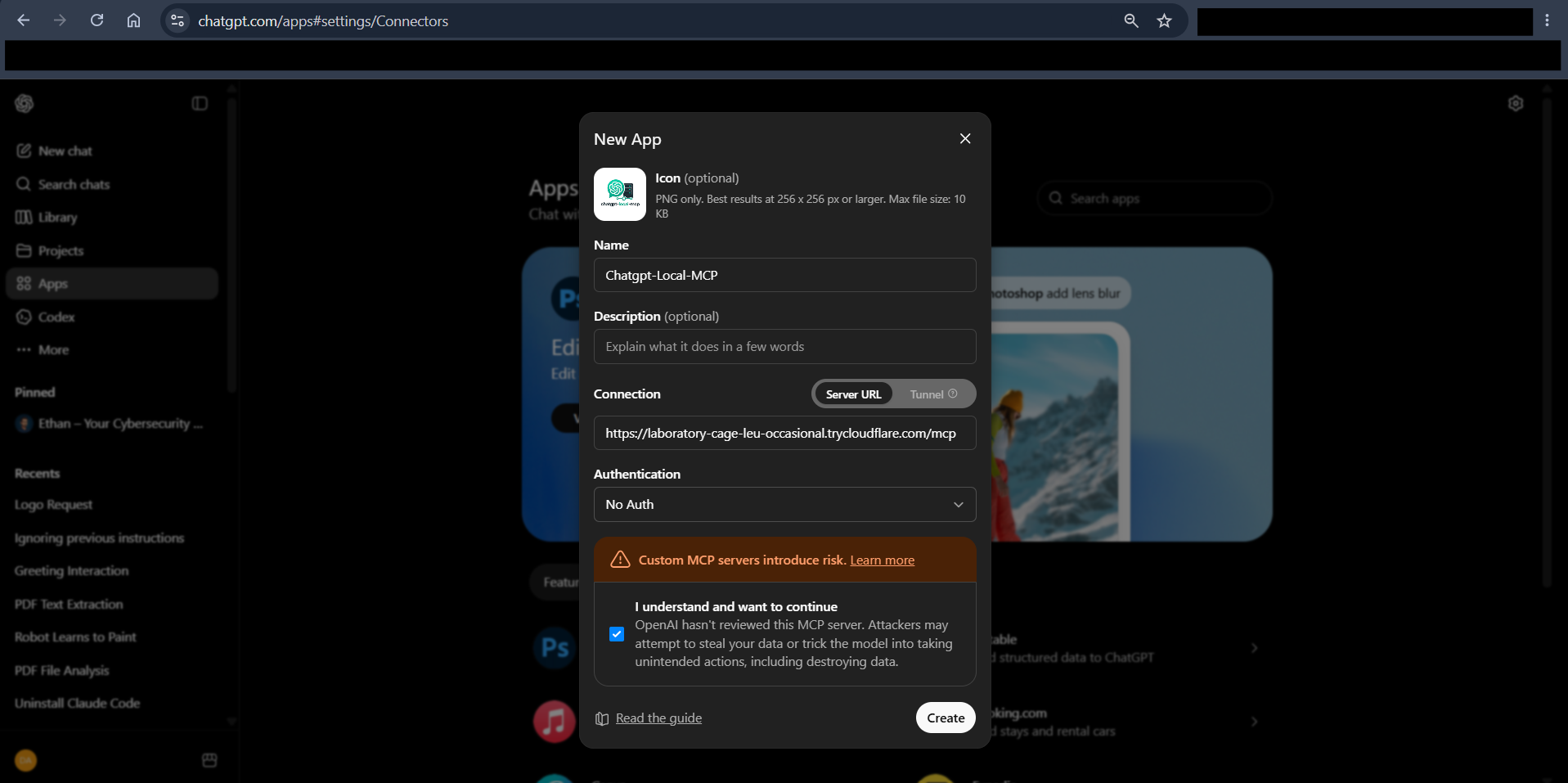 ChatGPT connector setup screen with MCP URL filled in