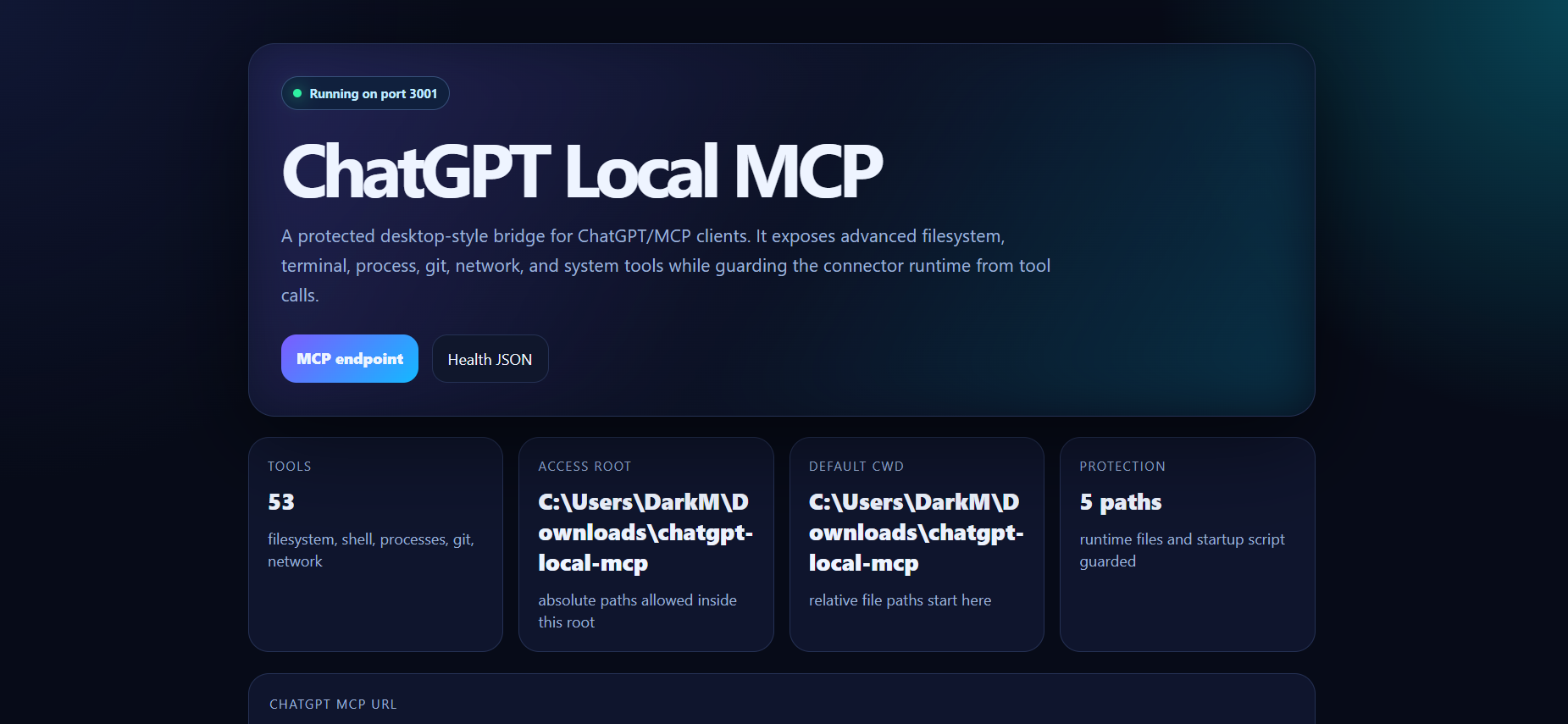 Web dashboard showing server status, tools list, and MCP URL