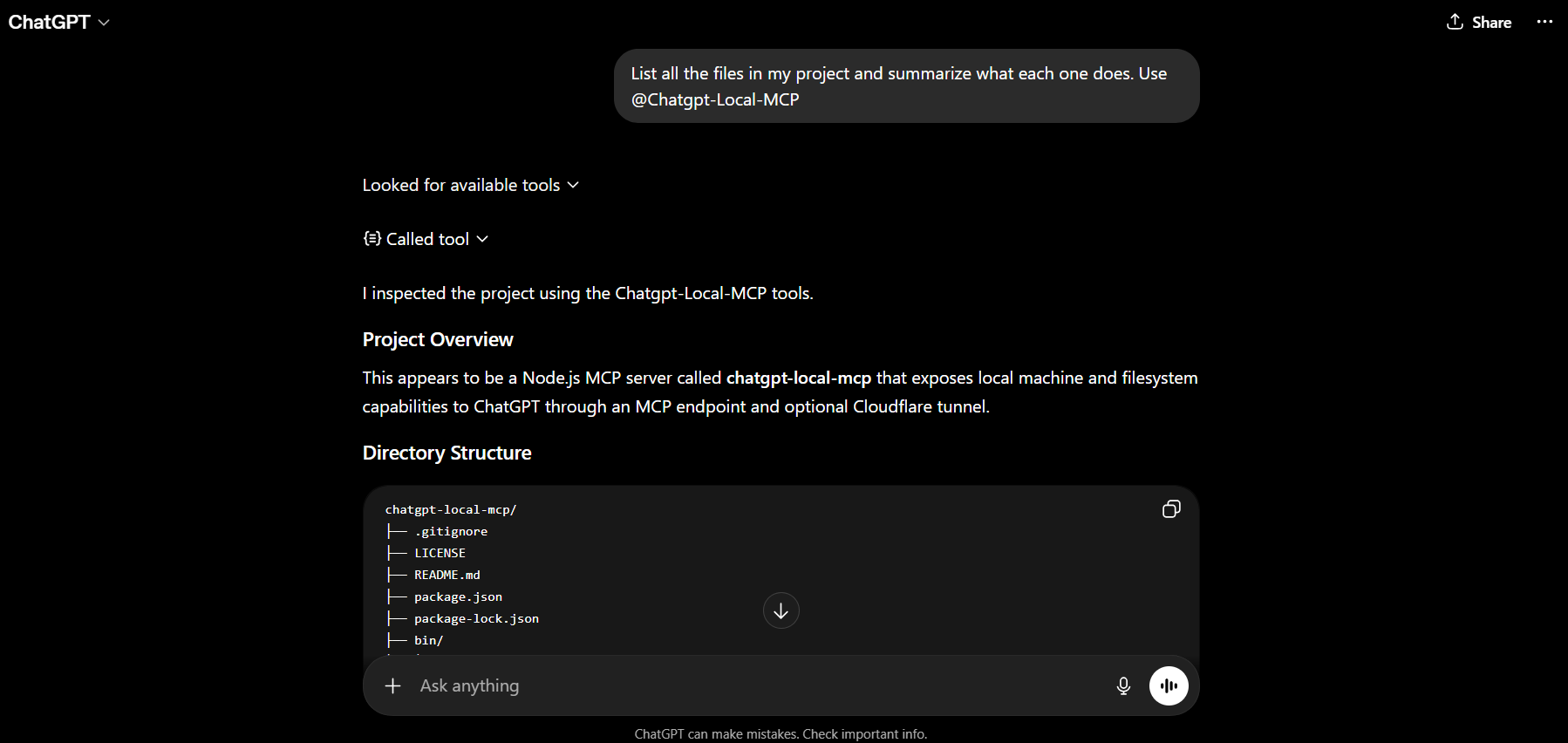 ChatGPT conversation using read_file and run_command tools
