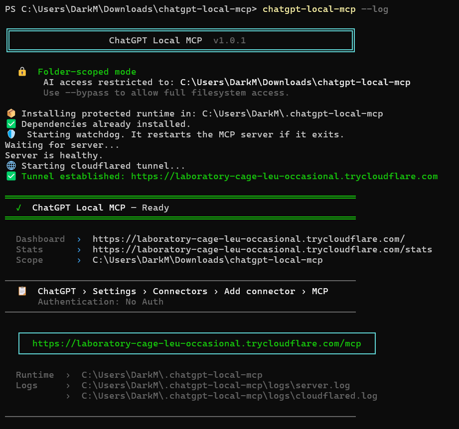 Terminal startup showing tunnel URL and MCP endpoint